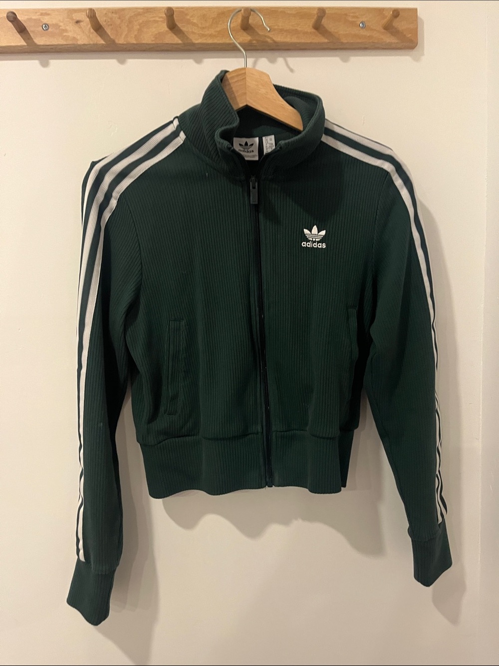 adidas Women's Forest Green Zip-Front Bomber with White Stripes